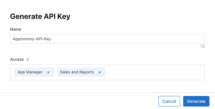 App Store Connect roles: App Manager and Sales and Reports selected